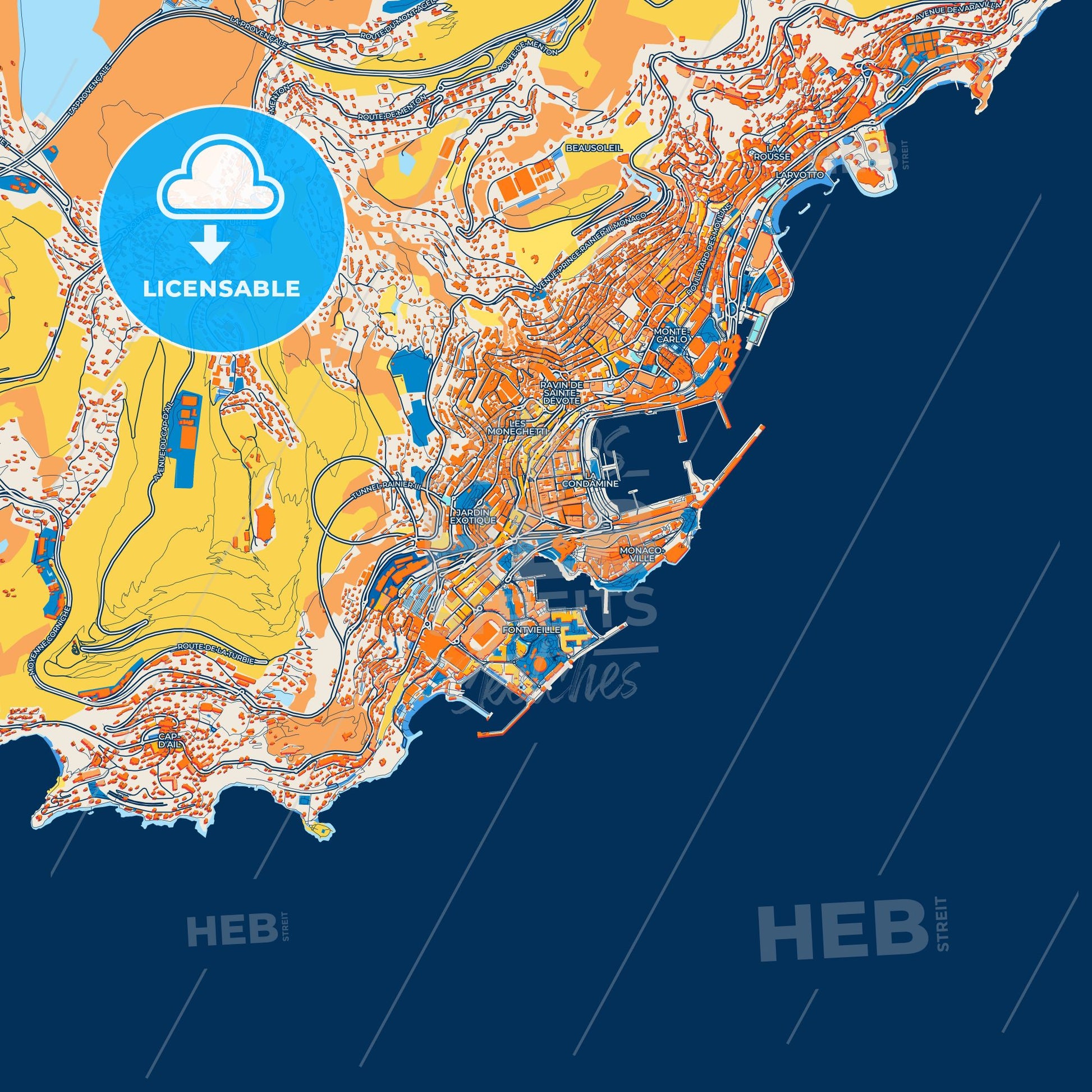 Colorful Monaco-Ville Street Map with Labels and Buildings