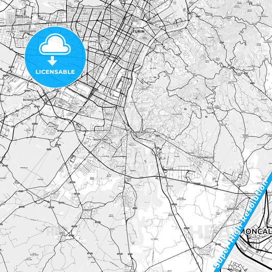 Moncalieri, Italy light map with streetnames, citynames and districts