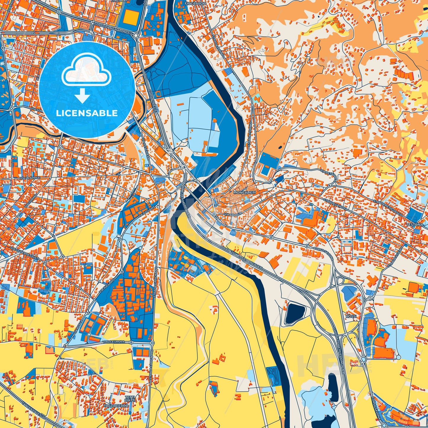 Colorful Moncalieri Street Map with Labels and Buildings