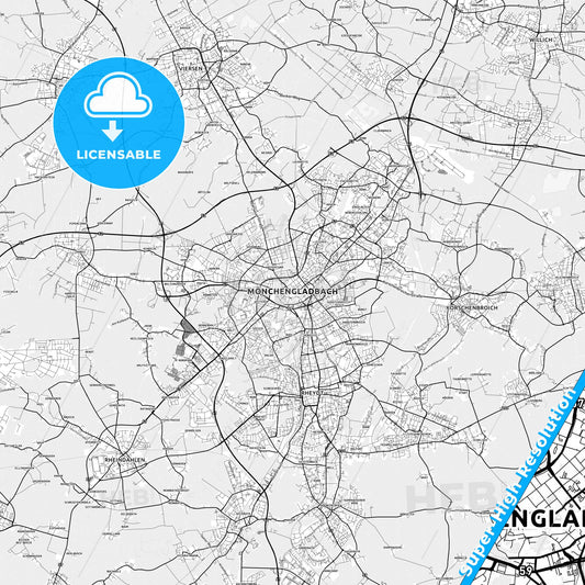 Monchengladbach, Germany light map with streetnames, citynames and districts
