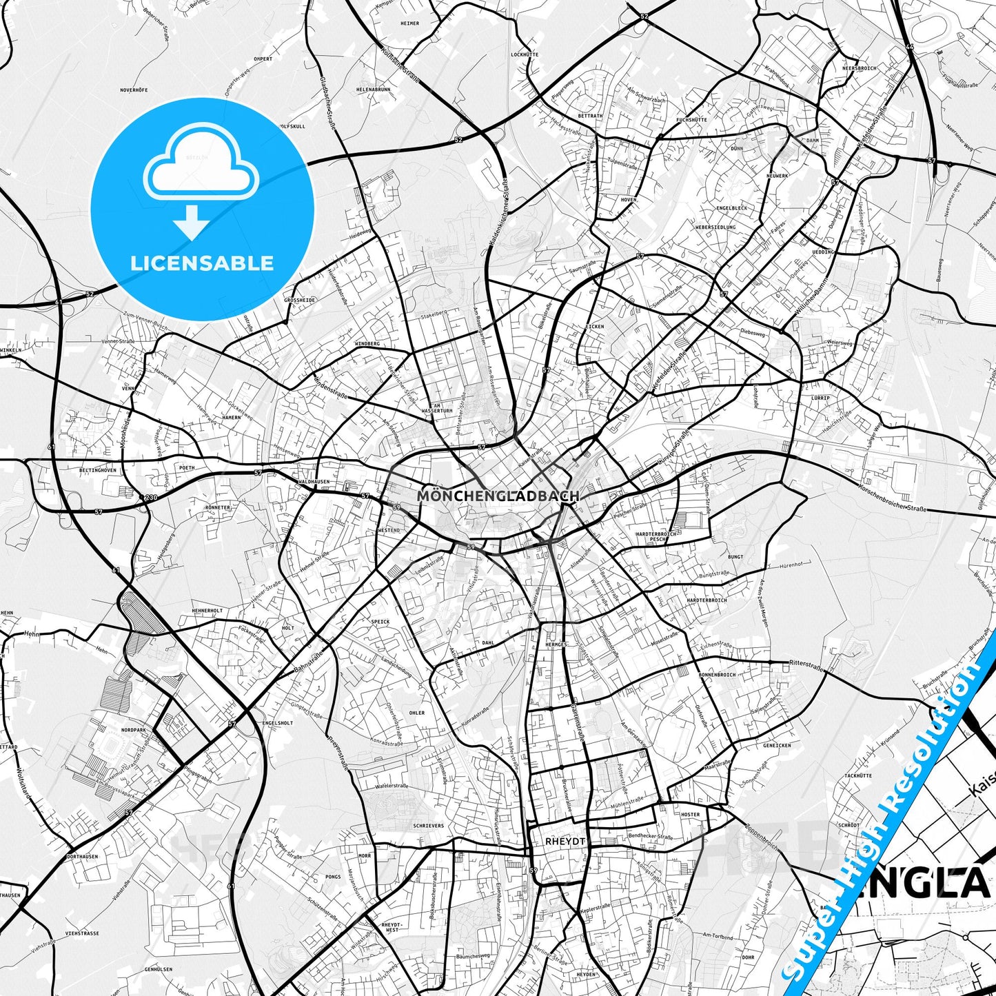 Monchengladbach, Germany Light Map with Street Names, City Names, and Districts