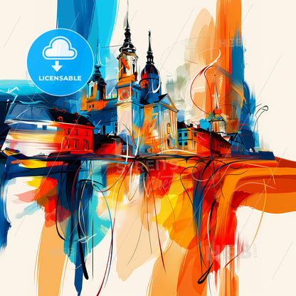 Vibrant Mönchengladbach, Germany - A Painting Of A Building With Towers And A Clock Tower