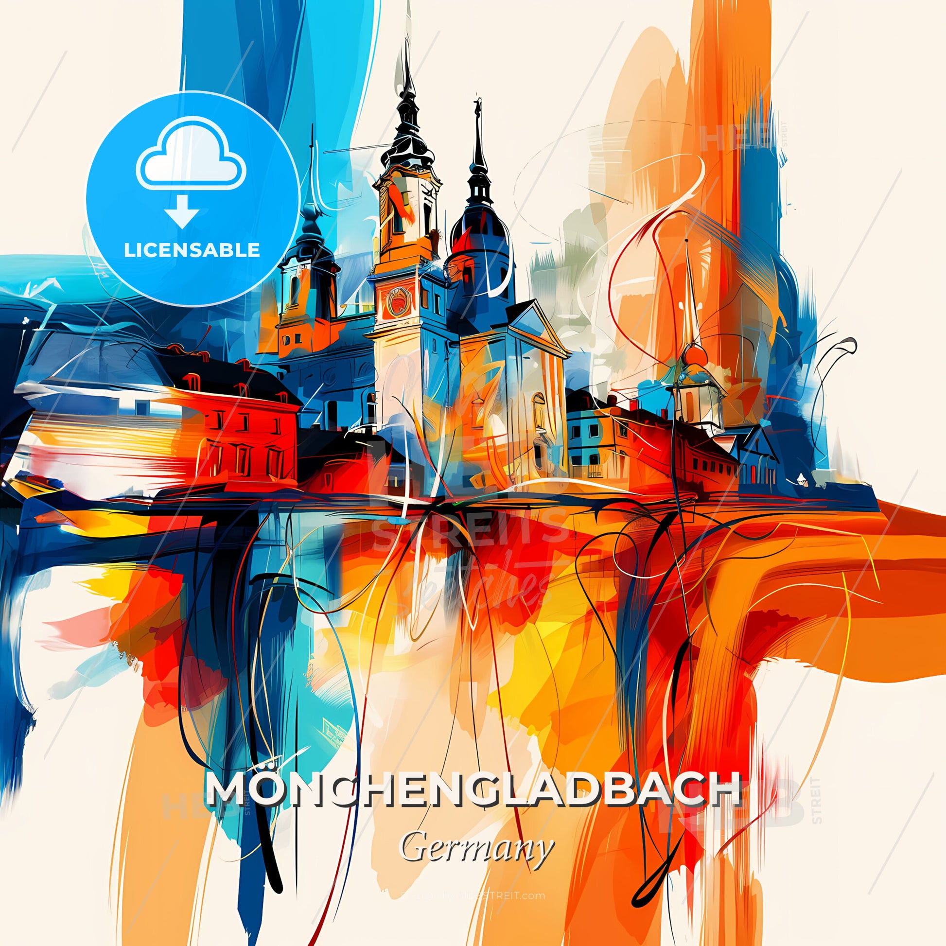 Vibrant Mönchengladbach, Germany - A Painting Of A Building With Towers And A Clock Tower - Square format print template