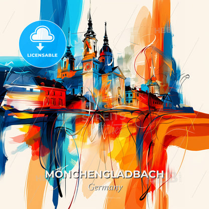 Vibrant Mönchengladbach, Germany - A Painting Of A Building With Towers And A Clock Tower - Square format print template