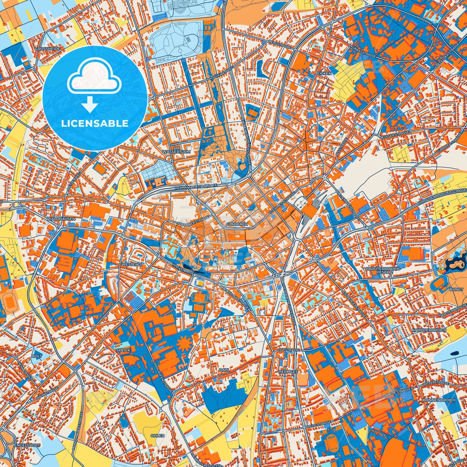 Colorful Monchengladbach Street Map with Labels and Buildings