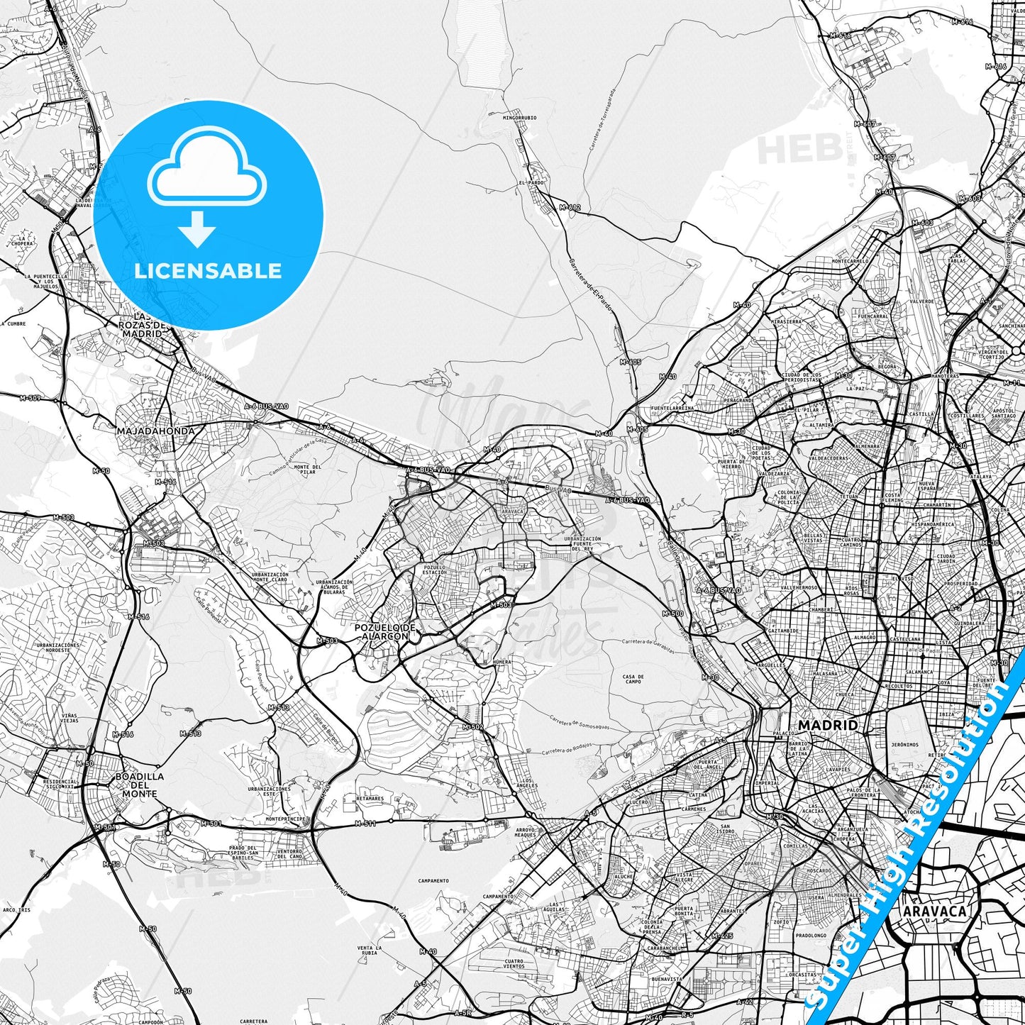 Moncloa-Aravaca, Spain light map with streetnames, citynames and districts