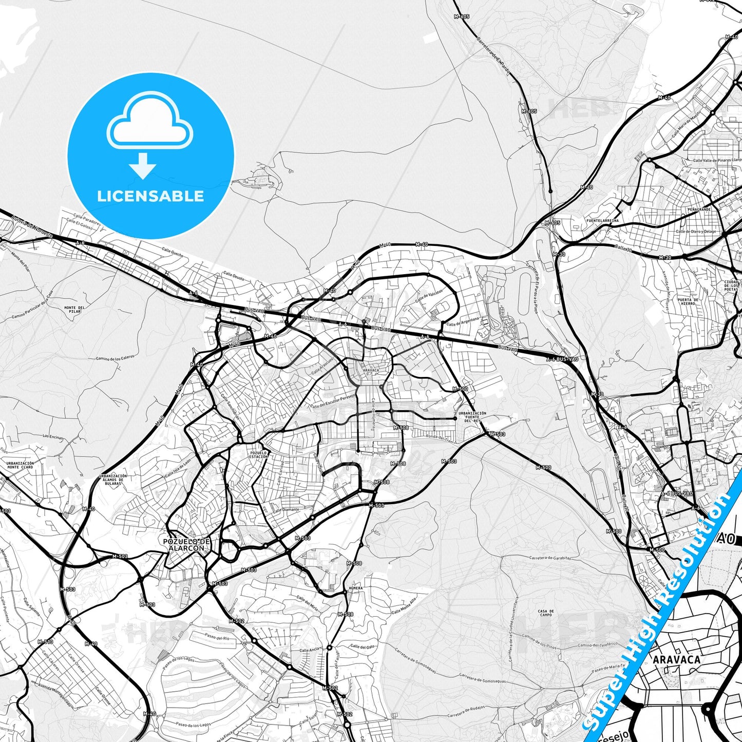 Moncloa-Aravaca, Spain Light Map with Street Names, City Names, and Districts