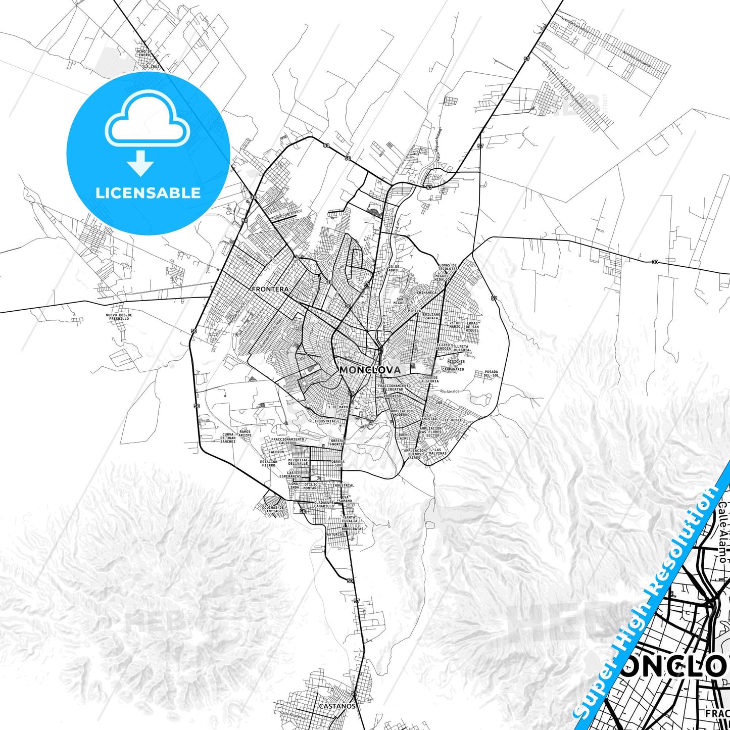 Monclova, Mexico light map with streetnames, citynames and districts