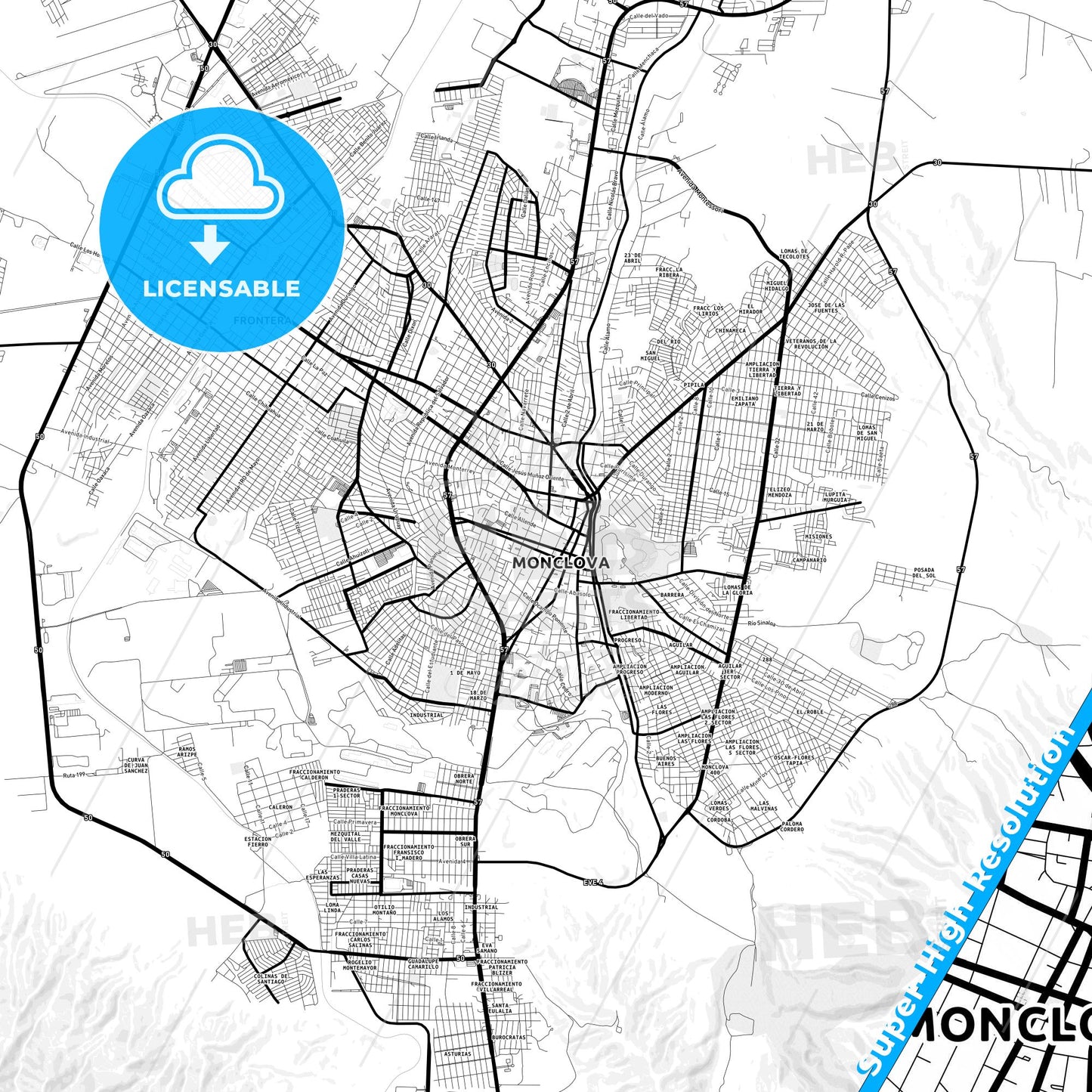 Monclova, Mexico Light Map with Street Names, City Names, and Districts