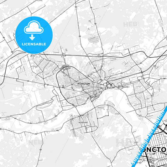 Moncton, Canada light map with streetnames, citynames and districts