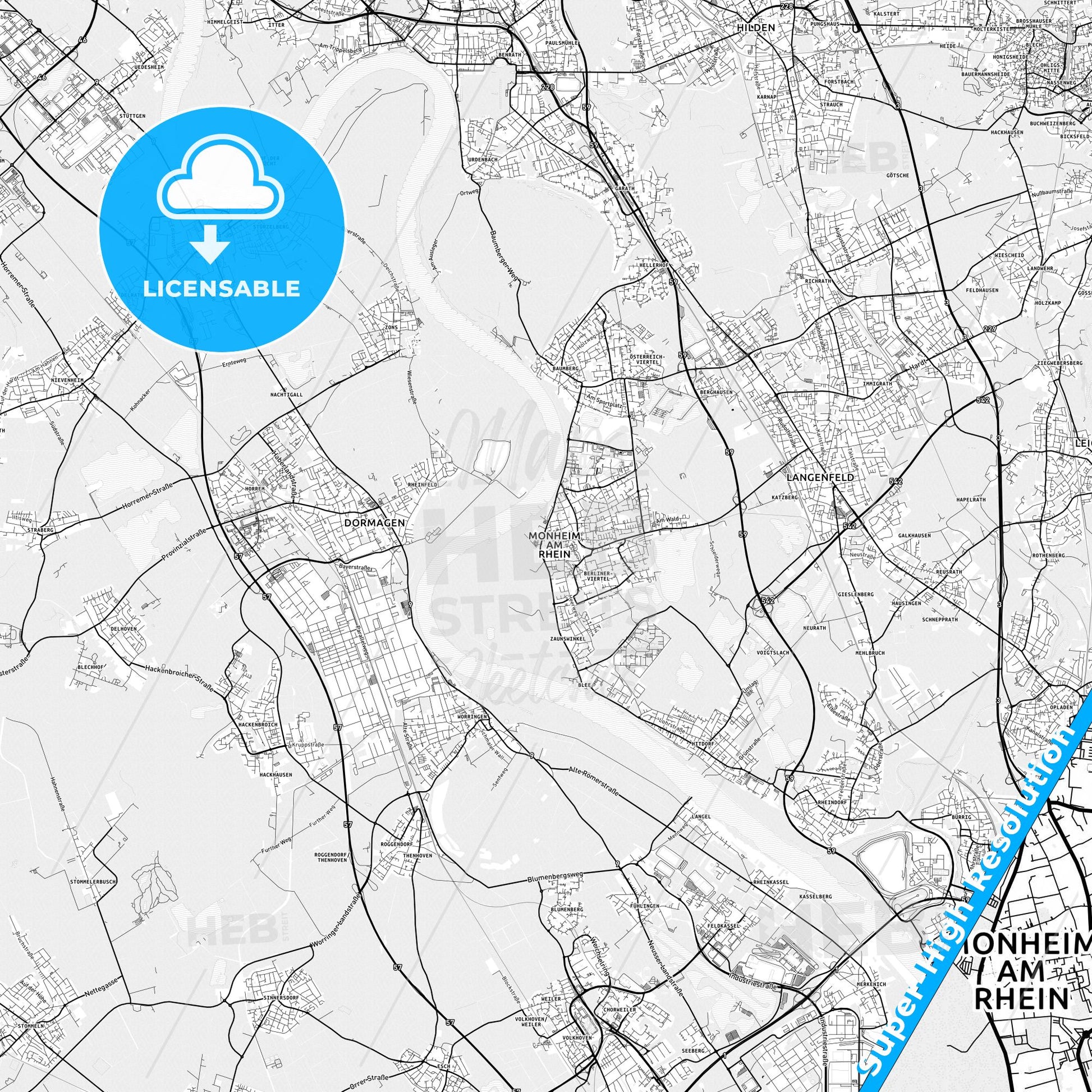 Monheim am Rhein, Germany light map with streetnames, citynames and districts