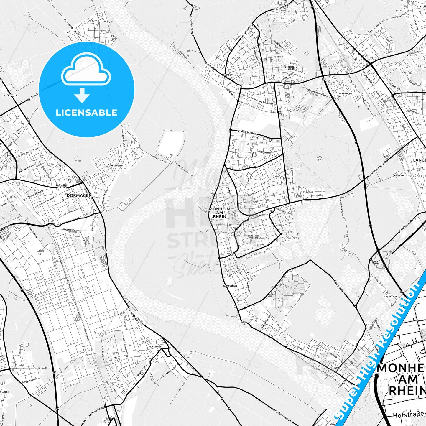Monheim am Rhein, Germany Light Map with Street Names, City Names, and Districts