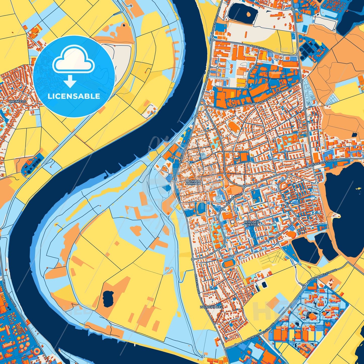 Colorful Monheim am Rhein Street Map with Labels and Buildings