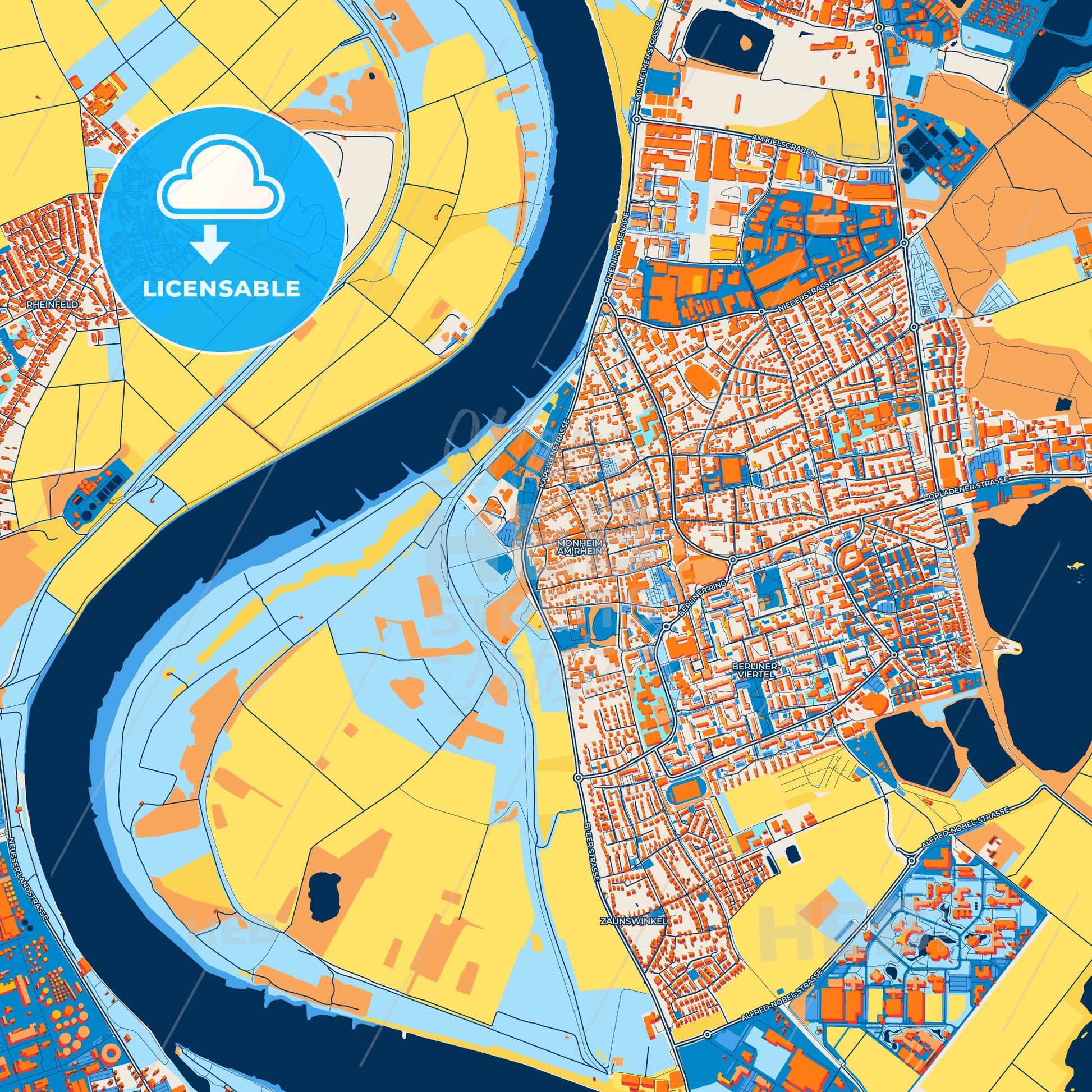 Colorful Monheim am Rhein Street Map with Labels and Buildings