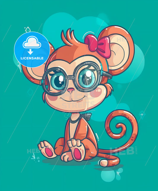 Colorful Kawaii Style Monkey Graphic: Vibrant Painting with Clear Outline and Cartoon Character Wearing Glasses and Bow Tie