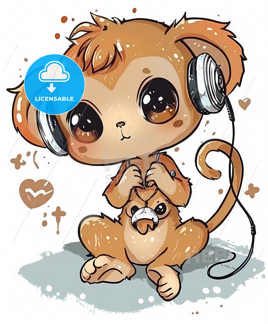 Cute and Happy Kawaii Style Cartoon Monkey Wearing Headphones on White Background, Colorful Clear Outline, Vibrant Painting with Focus on Art Aspect