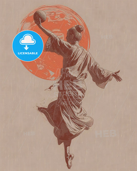 Minimalist Grey Monks Silhouettes Poster - A woman holding a ball