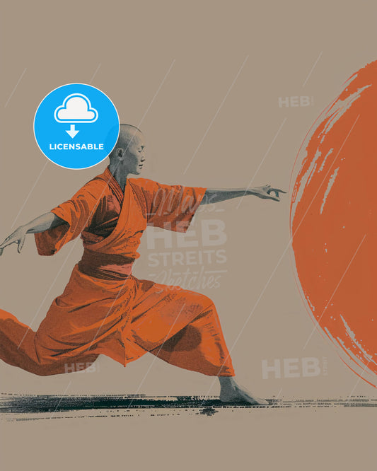Zen Silhouette on Warm Canvas - A man in a robe kicking a ball