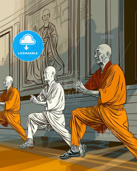 Serene Monks in Motion: Beige and Orange Harmony - A group of men doing martial arts