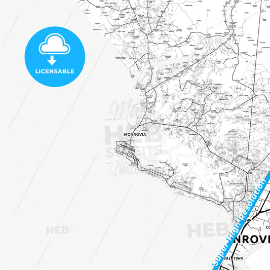 Monrovia, Liberia light map with streetnames, citynames and districts