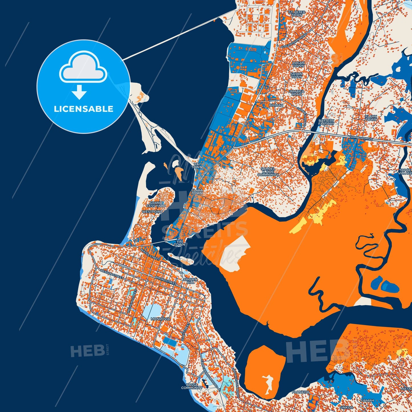 Colorful Monrovia Street Map with Labels and Buildings