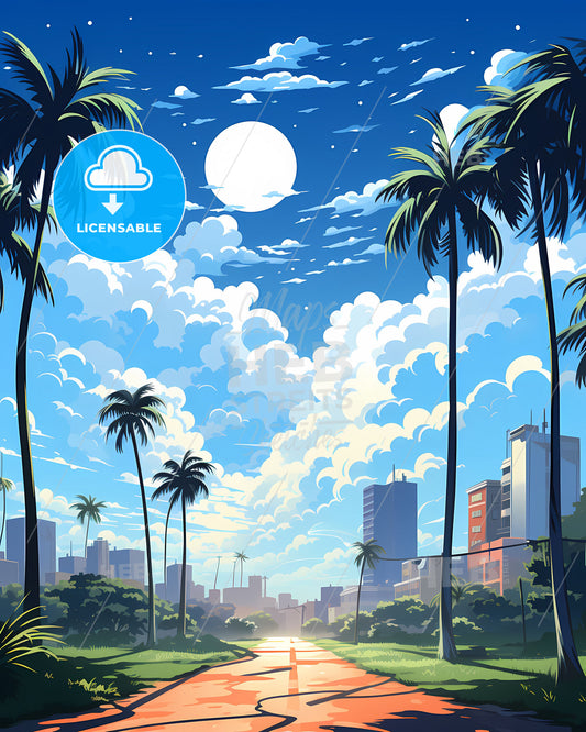 Vibrant Monrovian Skyline Palm Trees City Art Painting Africa Urban