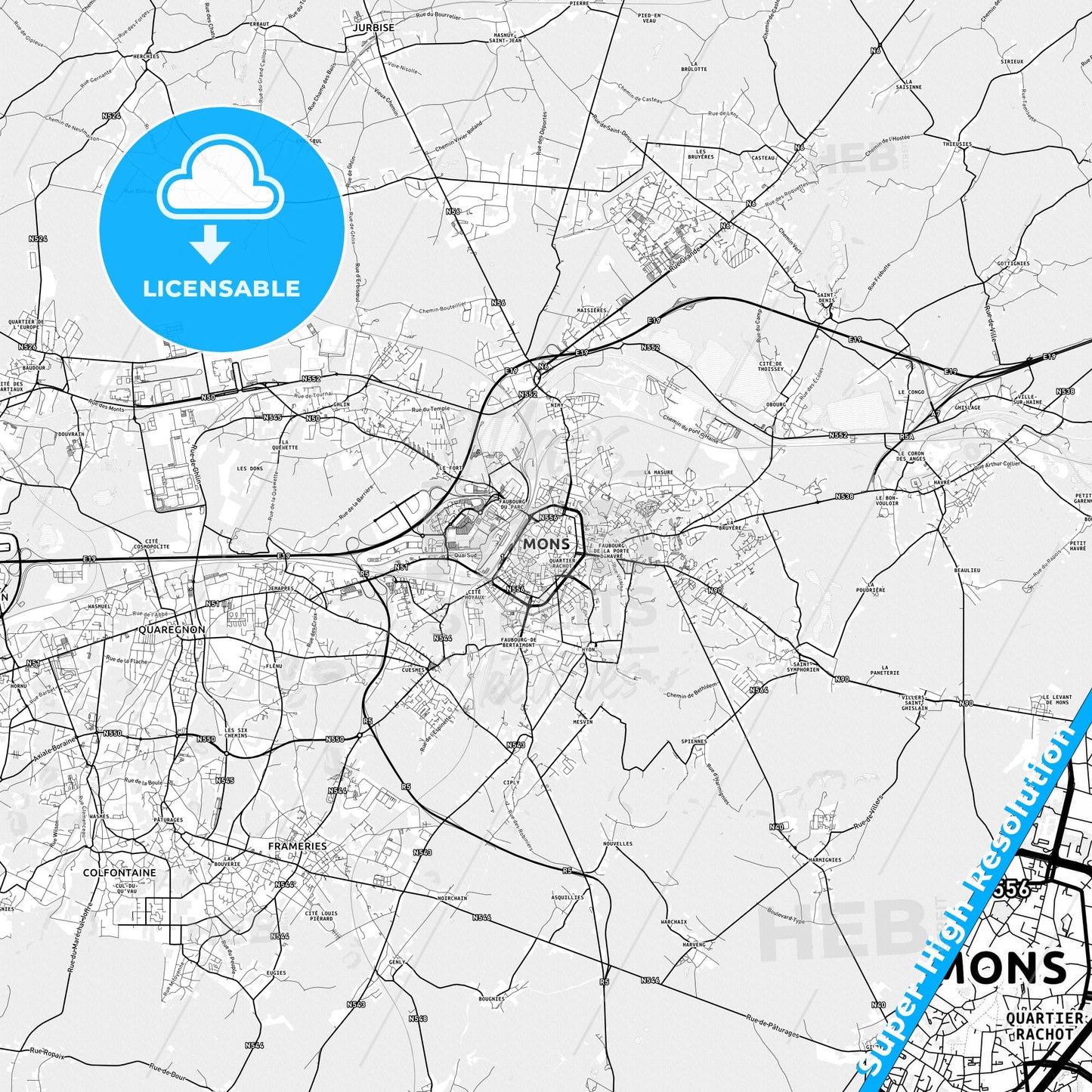 Mons, Belgium light map with streetnames, citynames and districts