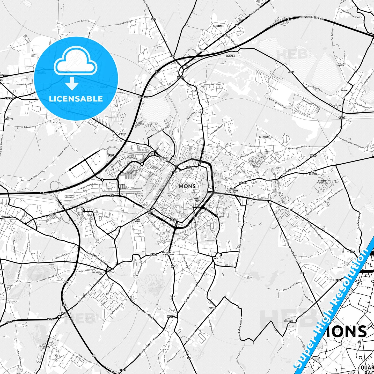 Mons, Belgium Light Map with Street Names, City Names, and Districts