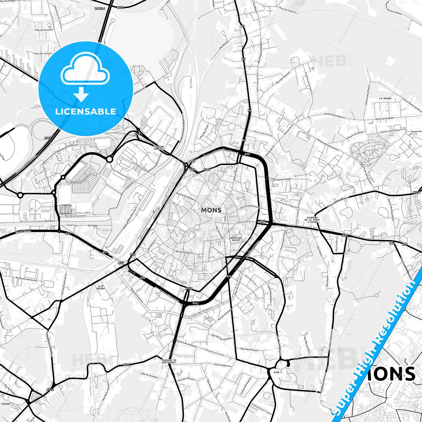 Mons, Belgium Light Map with Street Names, City Names, and Districts