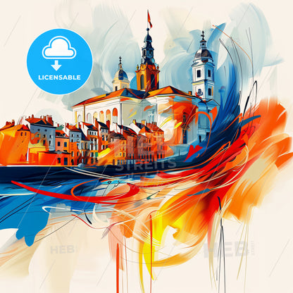 Vibrant Mons , Belgium - A Painting Of A Building With A Red Flag