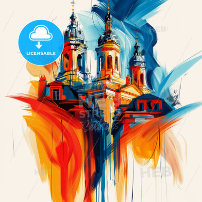 Vibrant Mons , Belgium - A Painting Of A Building With Towers And A Colorful Background