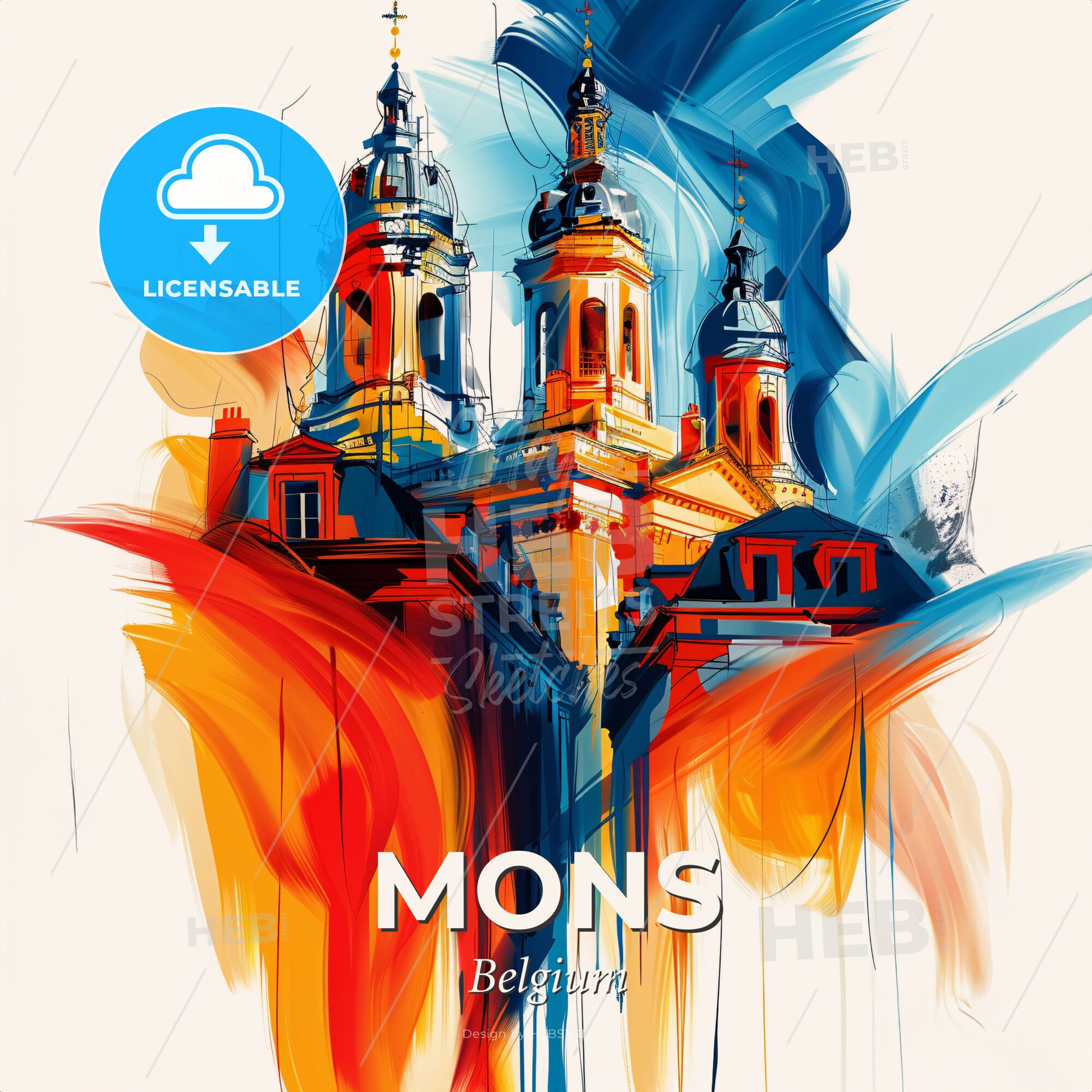 Vibrant Mons , Belgium - A Painting Of A Building With Towers And A Colorful Background - Square format print template