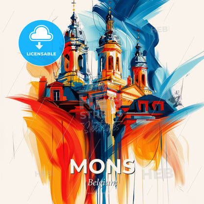 Vibrant Mons , Belgium - A Painting Of A Building With Towers And A Colorful Background - Square format print template