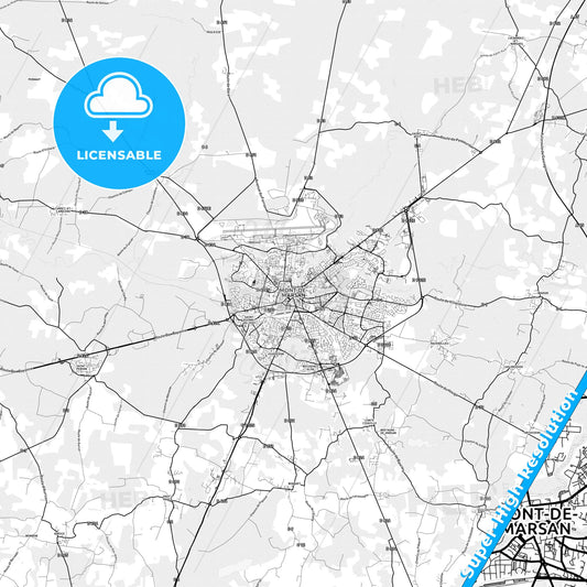 Mont-de-Marsan, France light map with streetnames, citynames and districts