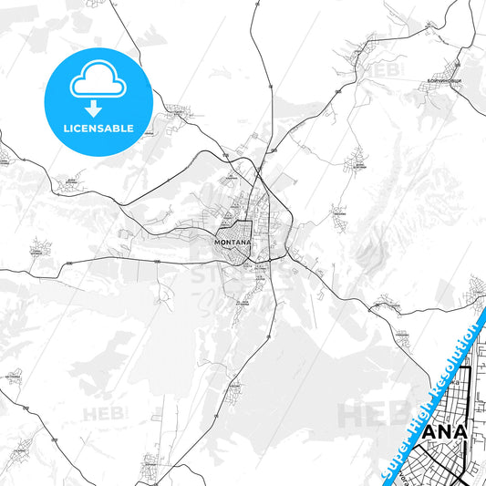 Montana, Bulgaria light map with streetnames, citynames and districts
