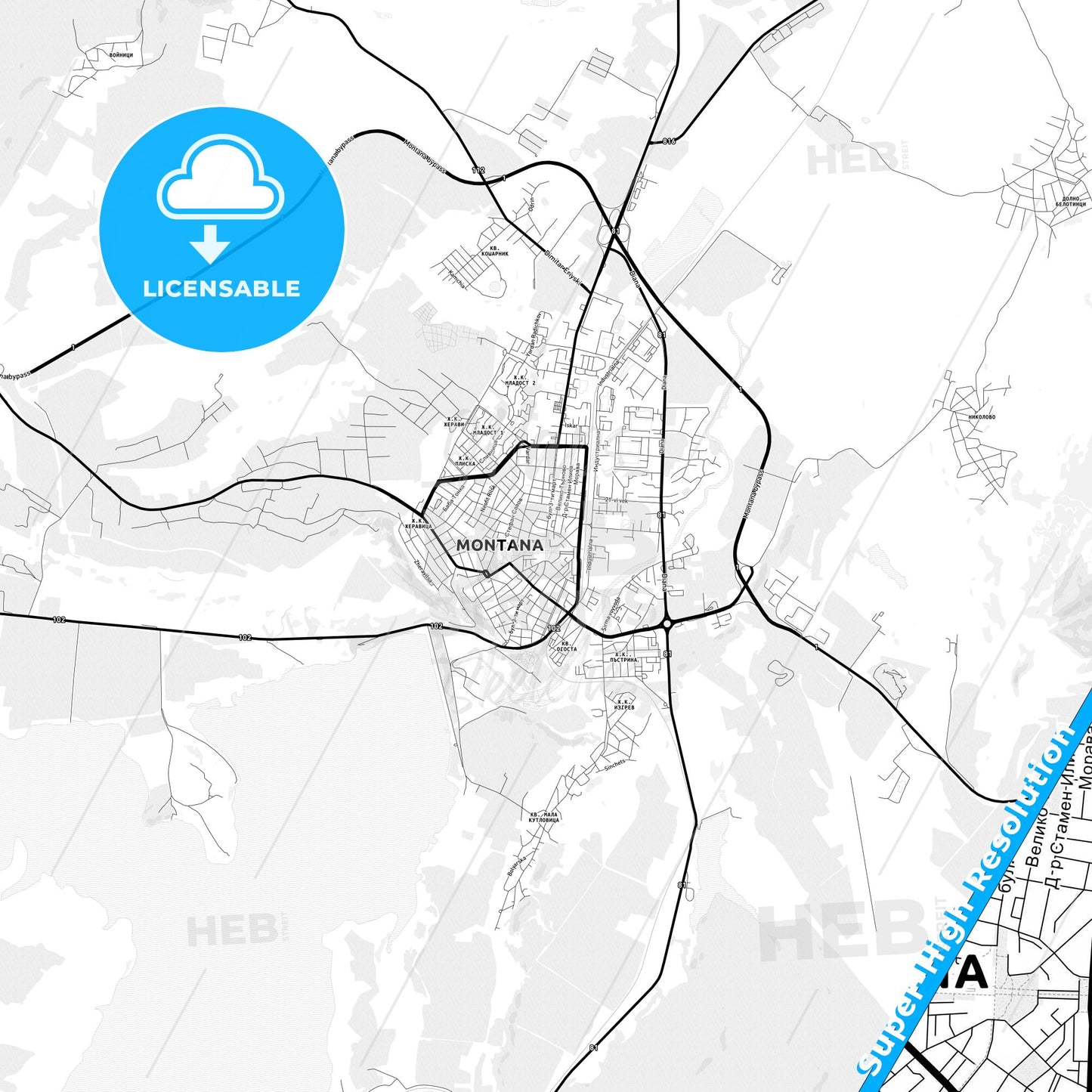 Montana, Bulgaria Light Map with Street Names, City Names, and Districts