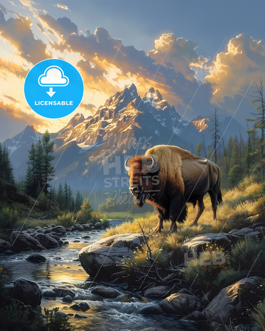 Vibrant Digital Painting: Majestic Bison Posing on Rocks Amidst River's Edge in Montana