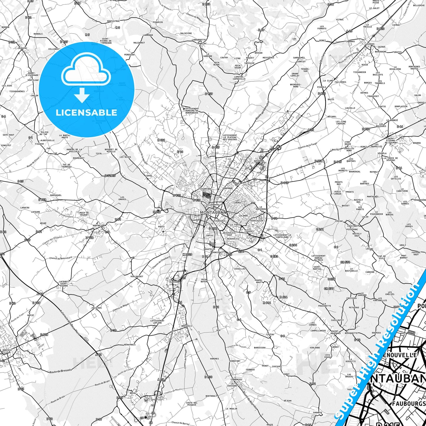 Montauban, France light map with streetnames, citynames and districts