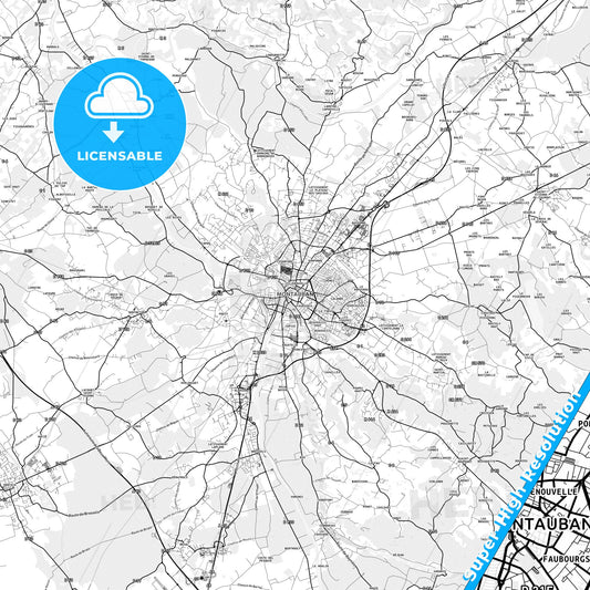 Montauban, France light map with streetnames, citynames and districts