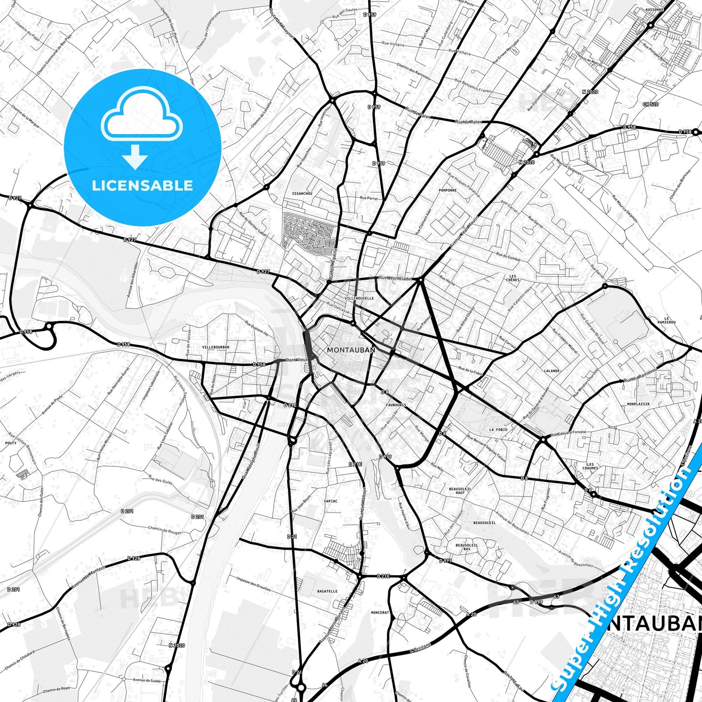 Montauban, France Light Map with Street Names, City Names, and Districts