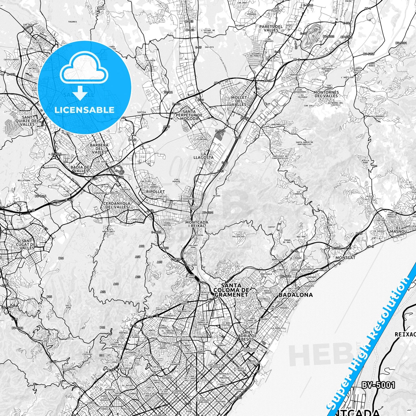 Montcada i Reixac, Spain light map with streetnames, citynames and districts