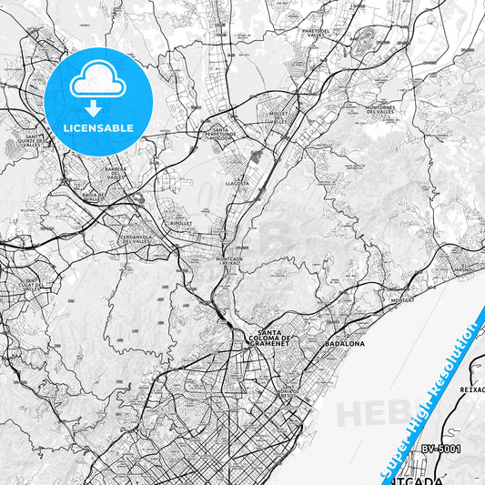 Montcada i Reixac, Spain light map with streetnames, citynames and districts