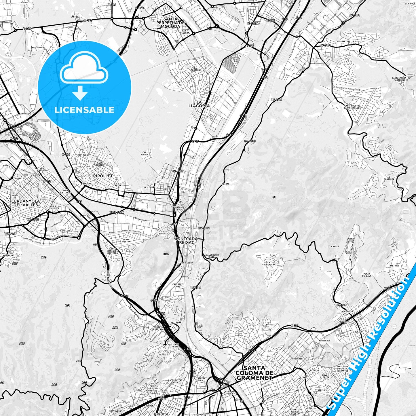 Montcada i Reixac, Spain Light Map with Street Names, City Names, and Districts