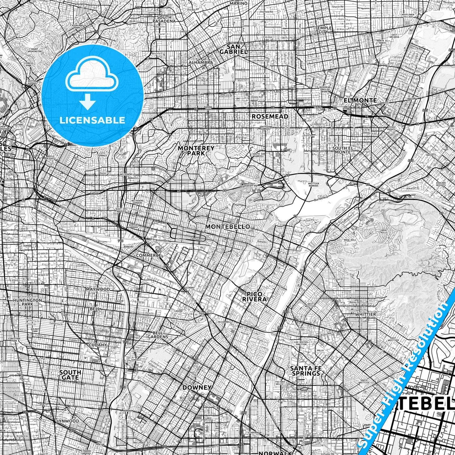 Montebello, California light map with streetnames, citynames and districts
