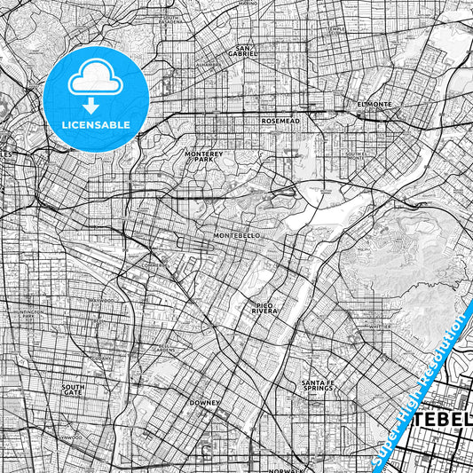 Montebello, California light map with streetnames, citynames and districts