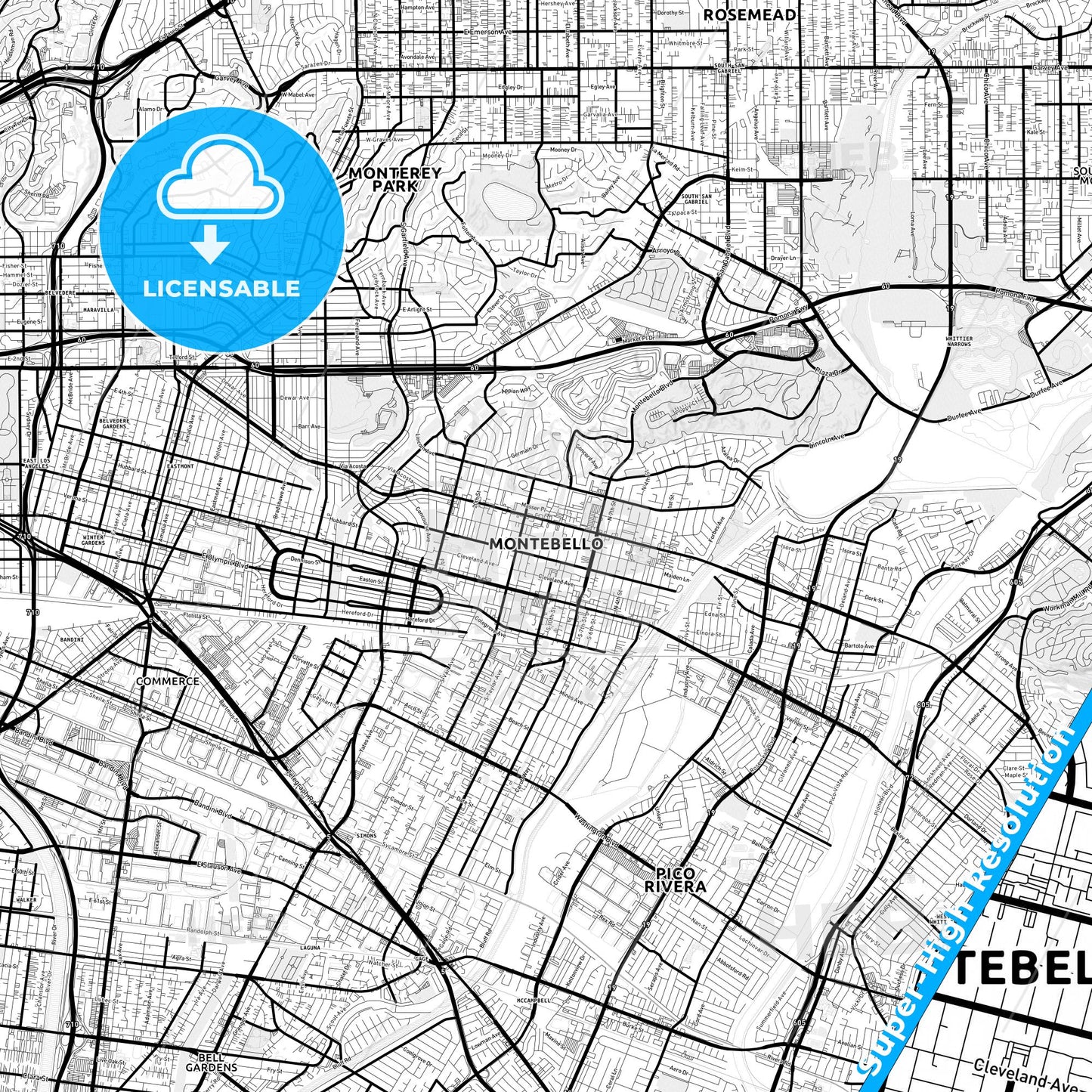 Montebello, California Light Map with Street Names, City Names, and Districts