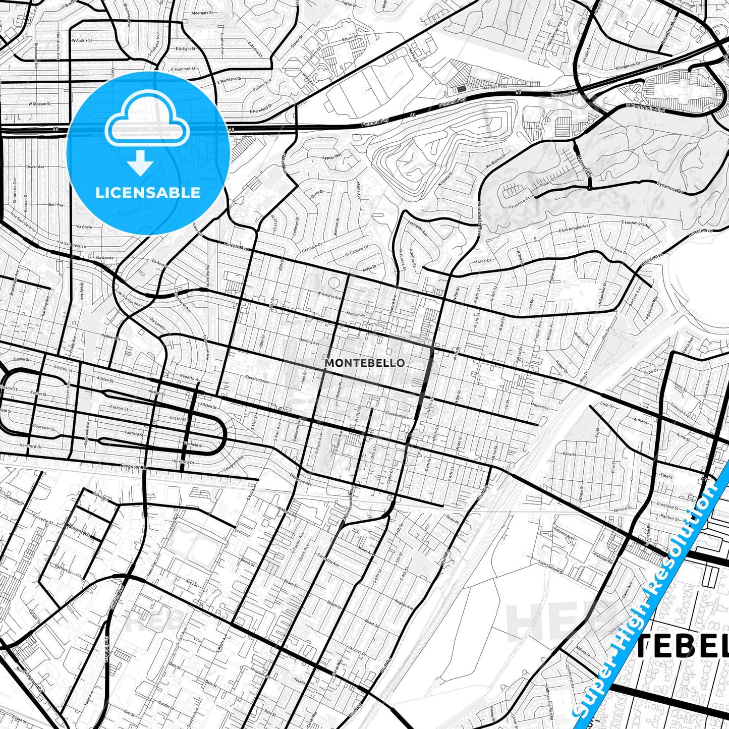 Montebello, California Light Map with Street Names, City Names, and Districts
