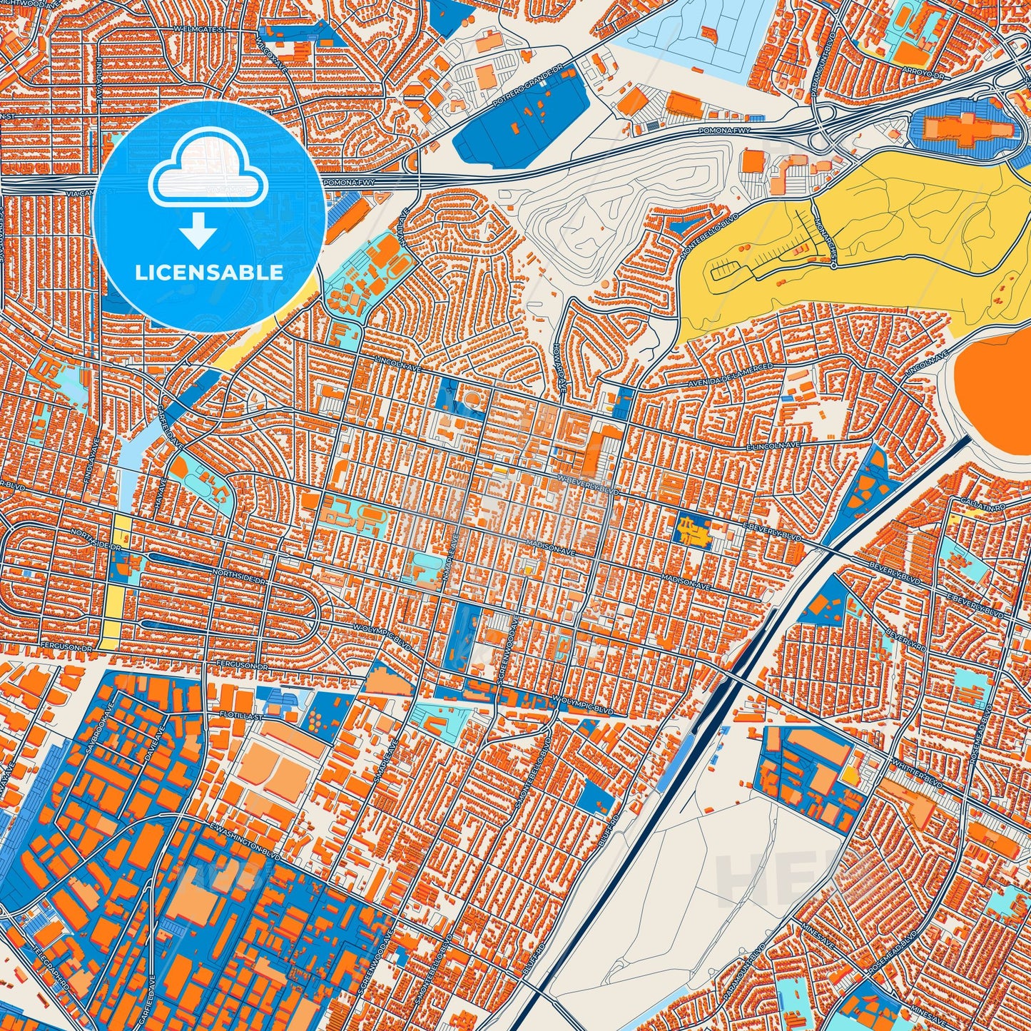 Colorful Montebello Street Map with Labels and Buildings