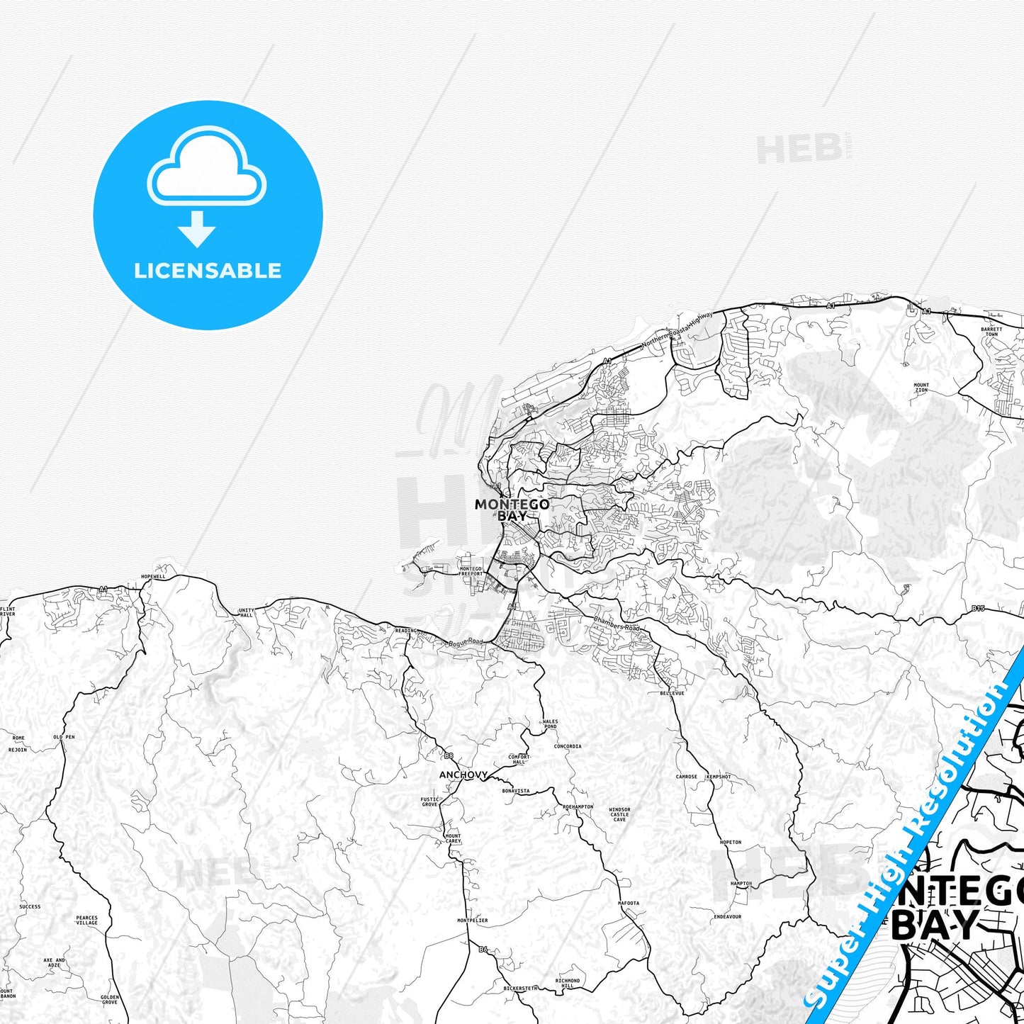 Montego Bay, Jamaica light map with streetnames, citynames and districts