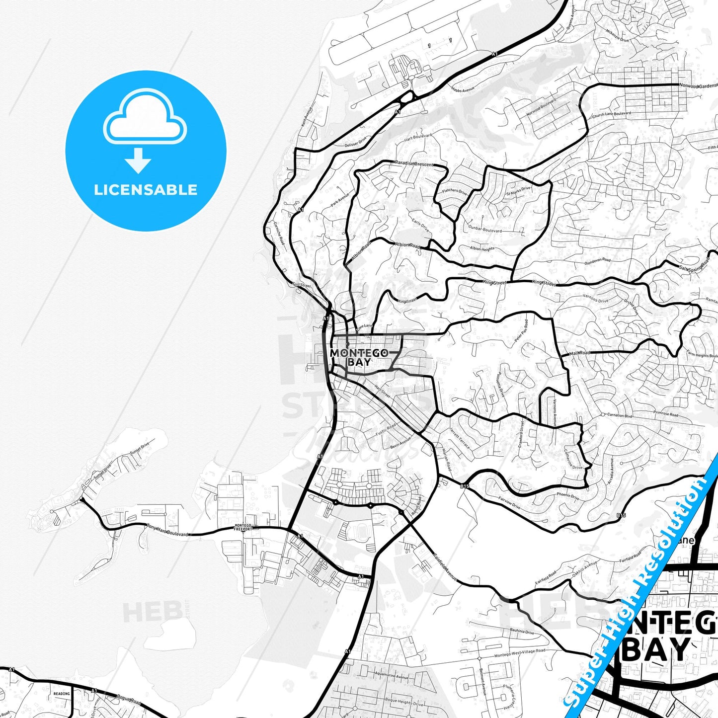 Montego Bay, Jamaica Light Map with Street Names, City Names, and Districts
